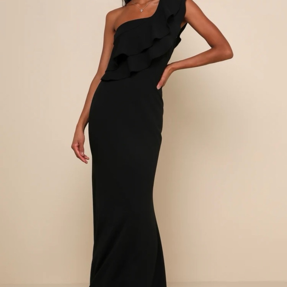 Lulus Grand Beauty Black Ruffled One-shoulder Mermaid Maxi Dress
